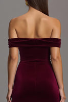 Load image into Gallery viewer, Burgundy Velvet Sheath Off The Shoulder Long Formal Dress with Slit