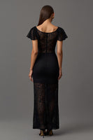 Load image into Gallery viewer, Black Sheath Boat Neck Long Lace Formal Dress with Ruffles