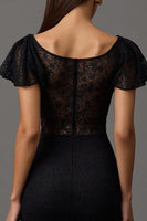Load image into Gallery viewer, Black Sheath Boat Neck Long Lace Formal Dress with Ruffles