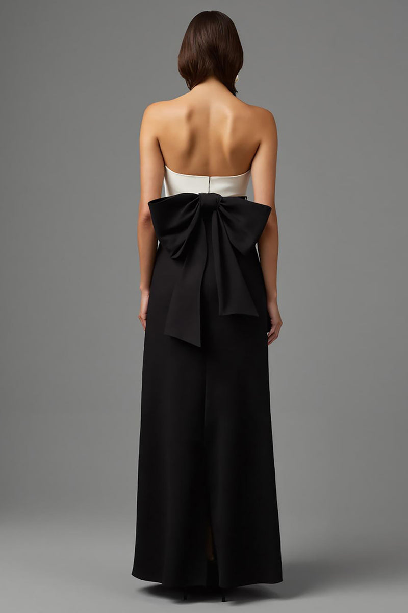 Load image into Gallery viewer, Simple Black and White Patchwork Satin Strapless Long Formal Dress with Bow