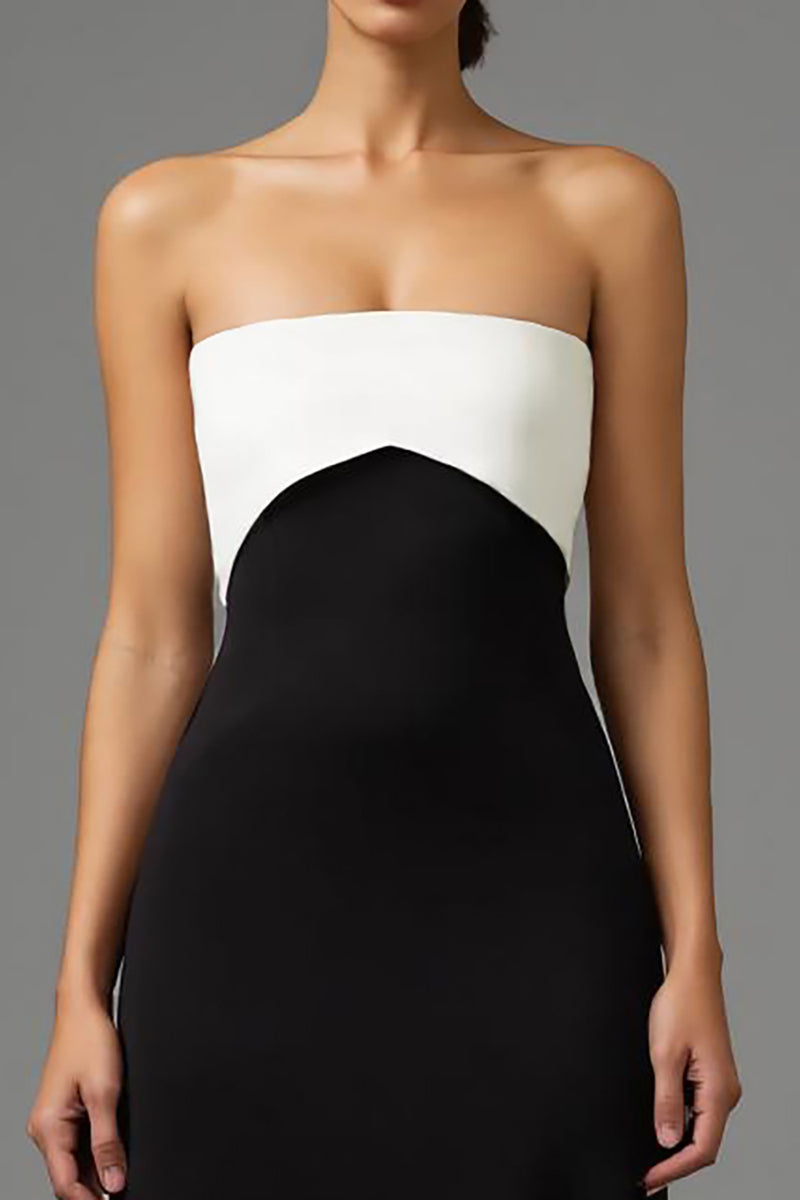 Load image into Gallery viewer, Simple Black and White Patchwork Satin Strapless Long Formal Dress with Bow
