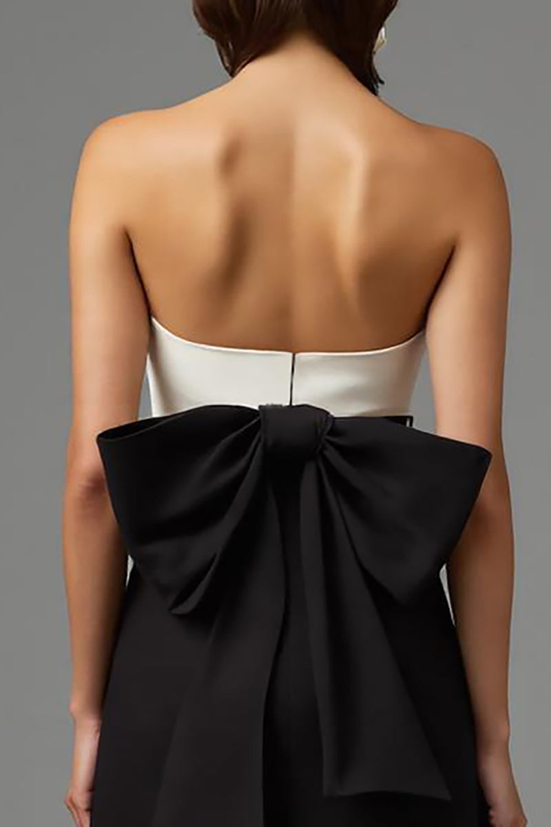 Load image into Gallery viewer, Simple Black and White Patchwork Satin Strapless Long Formal Dress with Bow