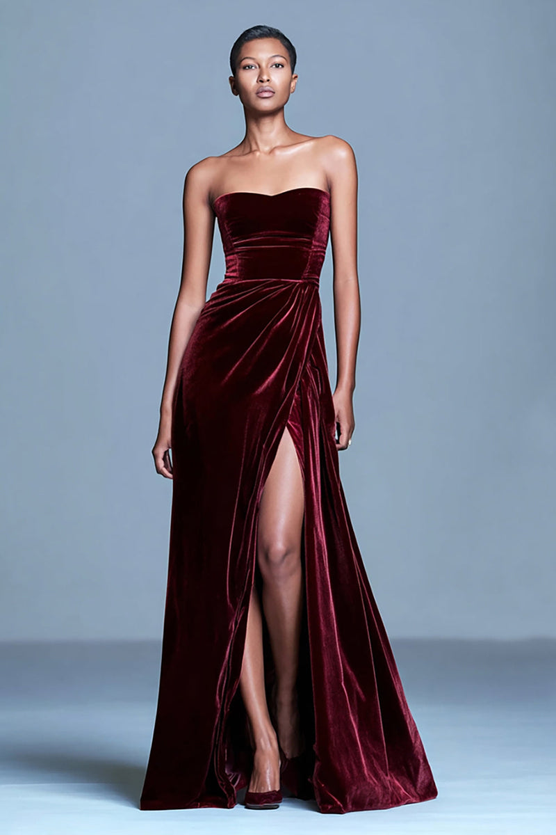 Load image into Gallery viewer, Burgundy Strapless Velvet Long Holiday Party Dress with Slit