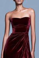 Load image into Gallery viewer, Burgundy Strapless Velvet Long Holiday Party Dress with Slit