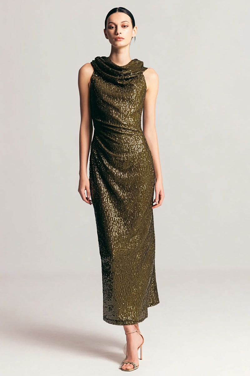 Load image into Gallery viewer, Sparkly Olive Sheath Cowl Neck Sequins Long Holiday Party Dress