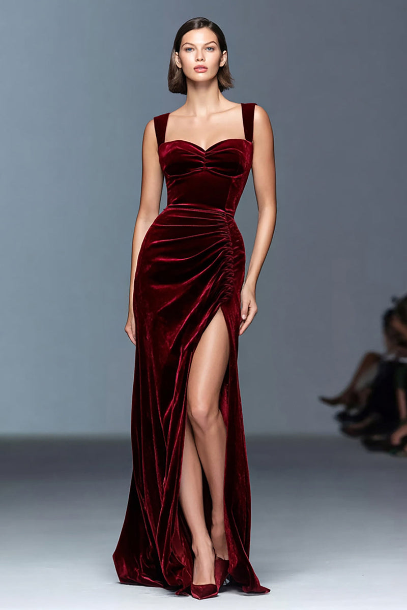 Load image into Gallery viewer, Plum Sheath Ruched Velvet Long Holiday Party Dress with Slit