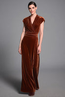 Load image into Gallery viewer, Caramel Velvet Ruched Sheath Long Holiday Party Dress