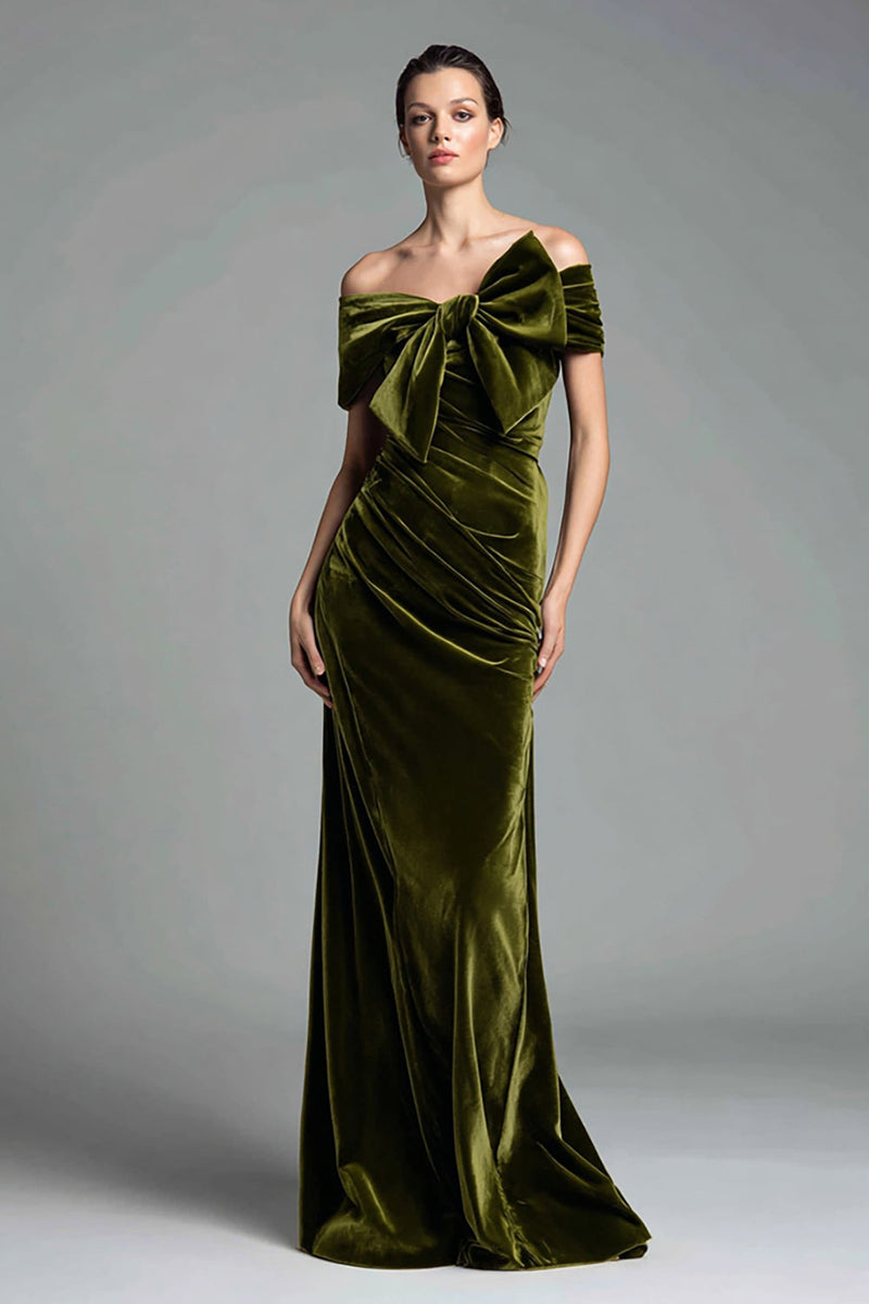 Load image into Gallery viewer, Olive Velvet Sheath Ruched Long Holiday Party Dress with Bow