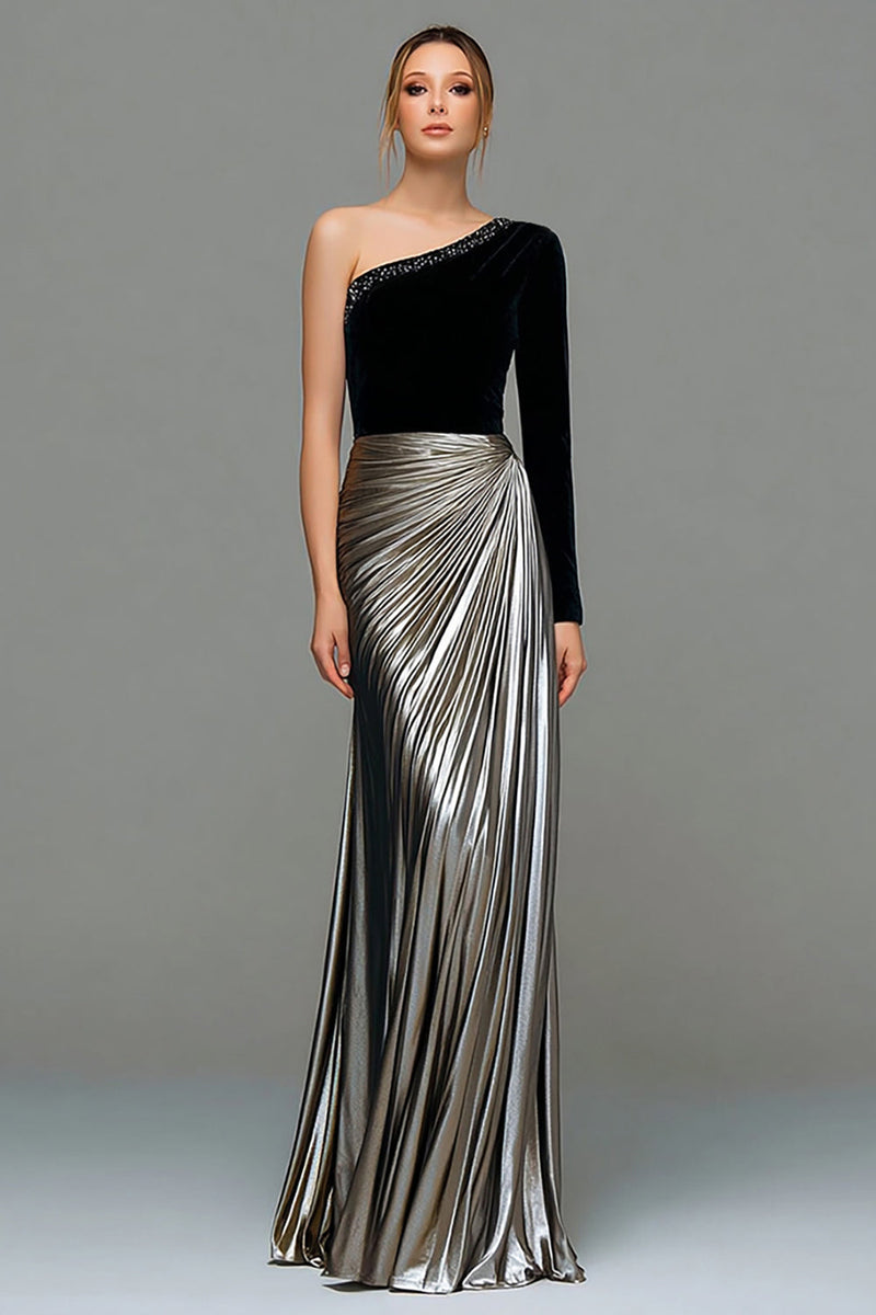 Load image into Gallery viewer, Sparkly Black and Grey One Shoulder Metallic Long Holiday Party Dress