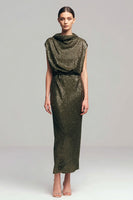 Load image into Gallery viewer, Sparkly Olive Sheath Cowl Neck Sequins Long Holiday Party Dress