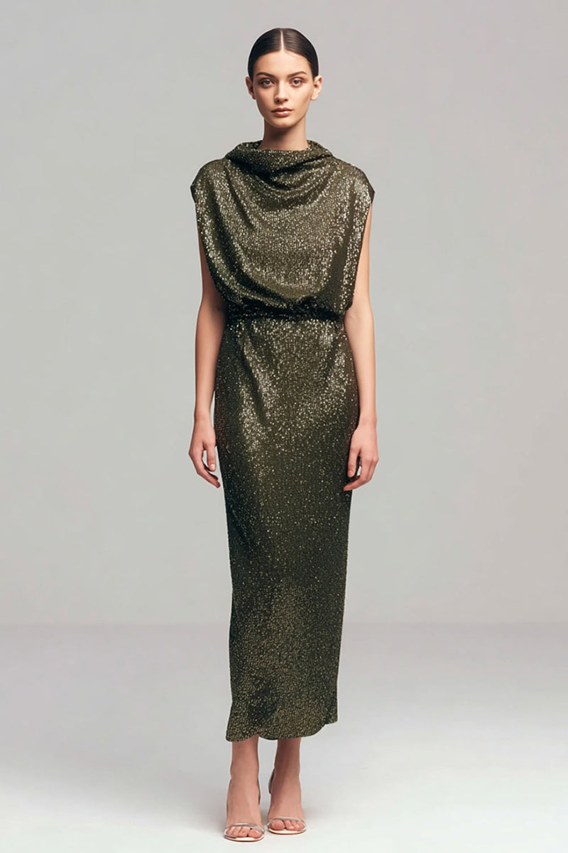 Load image into Gallery viewer, Sparkly Olive Sheath Cowl Neck Sequins Long Holiday Party Dress