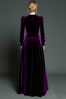 Load image into Gallery viewer, Simple Dark Purple A Line Velvet Long Holiday Party Dress with Sleeves