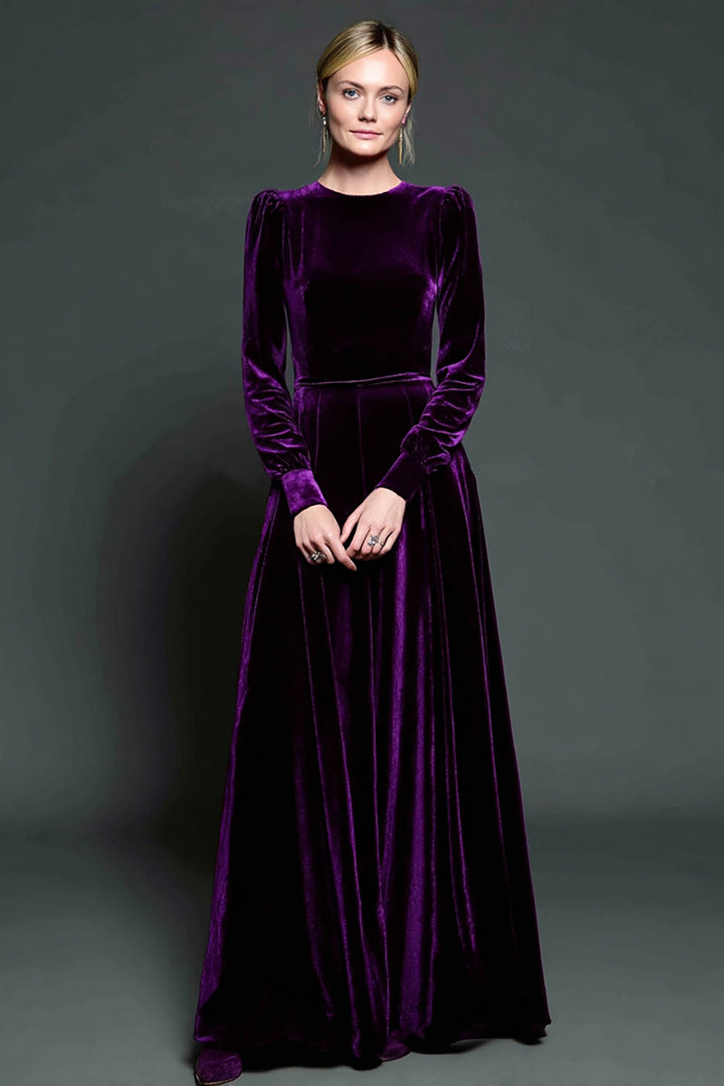 Load image into Gallery viewer, Simple Dark Purple A Line Velvet Long Holiday Party Dress with Sleeves