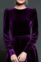 Load image into Gallery viewer, Simple Dark Purple A Line Velvet Long Holiday Party Dress with Sleeves