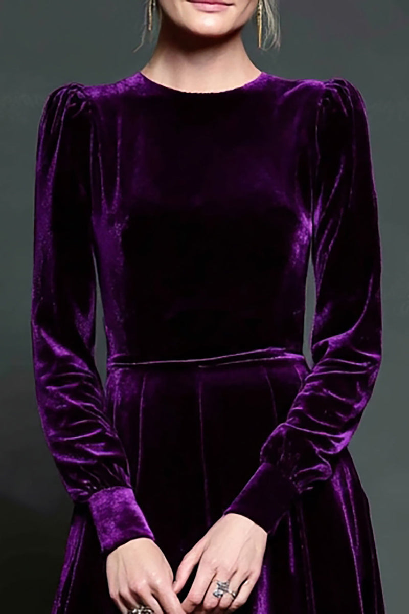 Load image into Gallery viewer, Simple Dark Purple A Line Velvet Long Holiday Party Dress with Sleeves