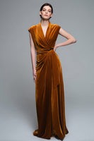 Load image into Gallery viewer, Caramel Velvet Ruched V-Neck Long Holiday Party Dress