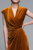 Load image into Gallery viewer, Caramel Velvet Ruched V-Neck Long Holiday Party Dress