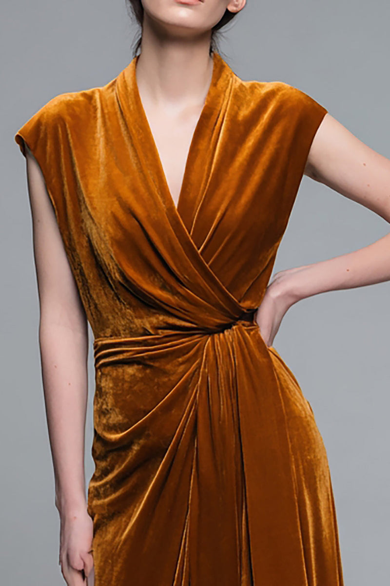 Load image into Gallery viewer, Caramel Velvet Ruched V-Neck Long Holiday Party Dress