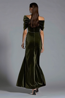 Load image into Gallery viewer, Olive Velvet Off the Shoulder Sheath Long Holiday Party Dress with Bow