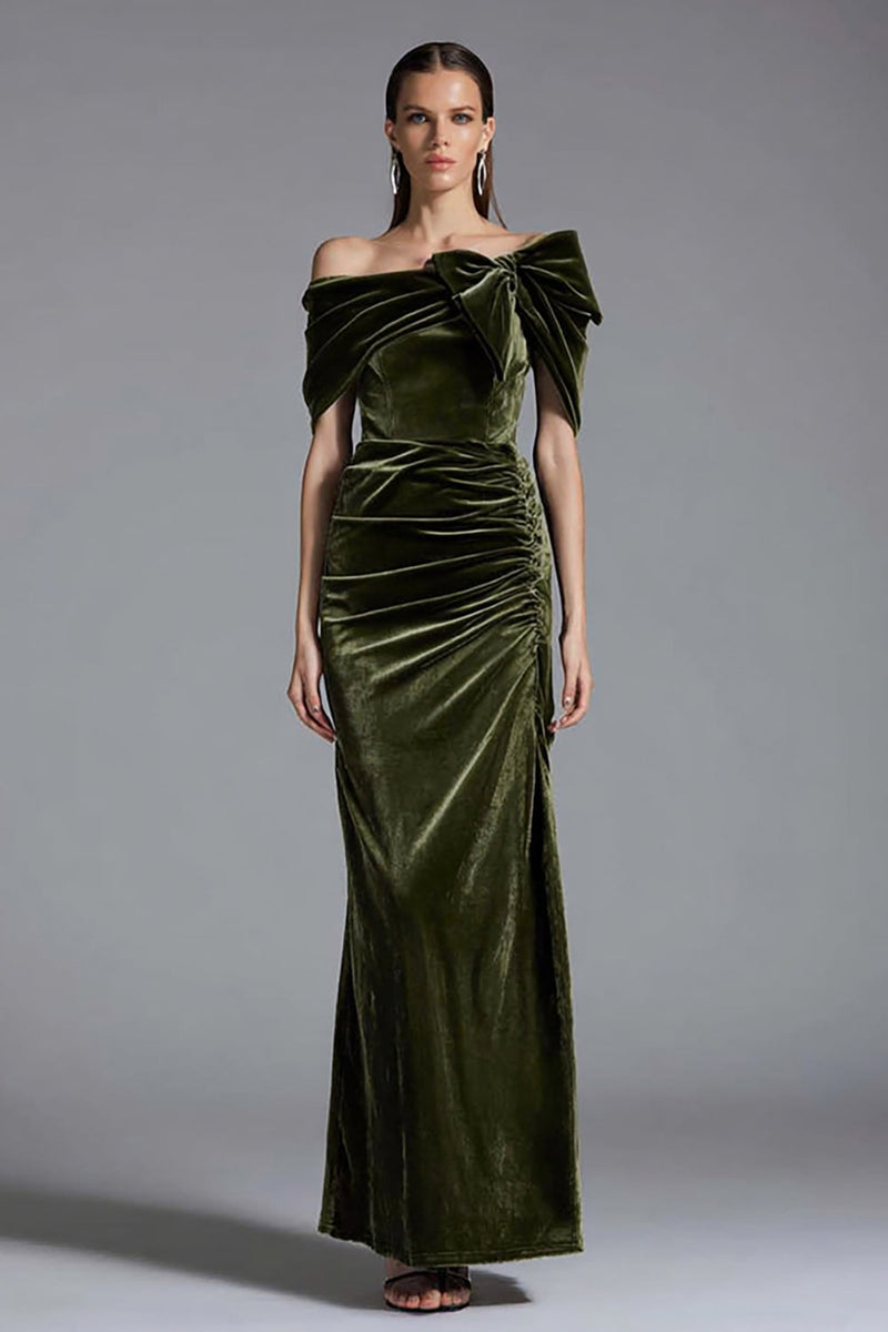 Load image into Gallery viewer, Olive Velvet Off the Shoulder Sheath Long Holiday Party Dress with Bow