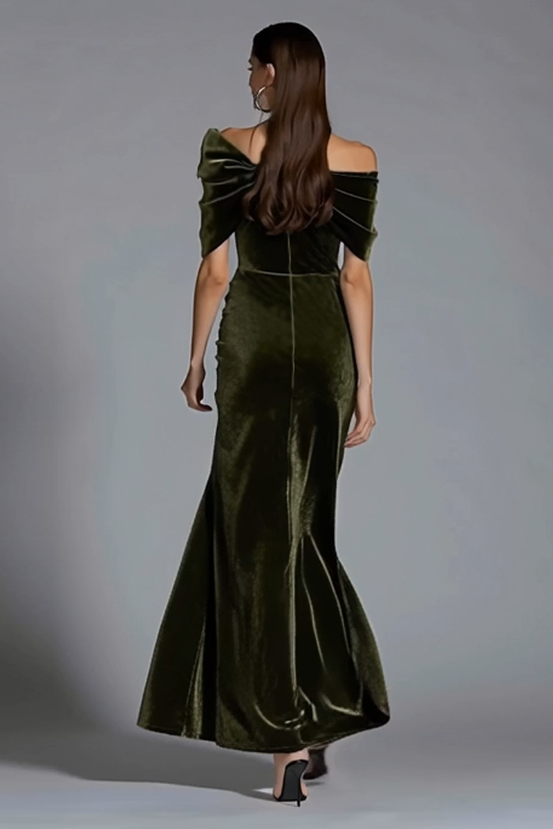 Load image into Gallery viewer, Olive Velvet Off the Shoulder Sheath Long Holiday Party Dress with Bow