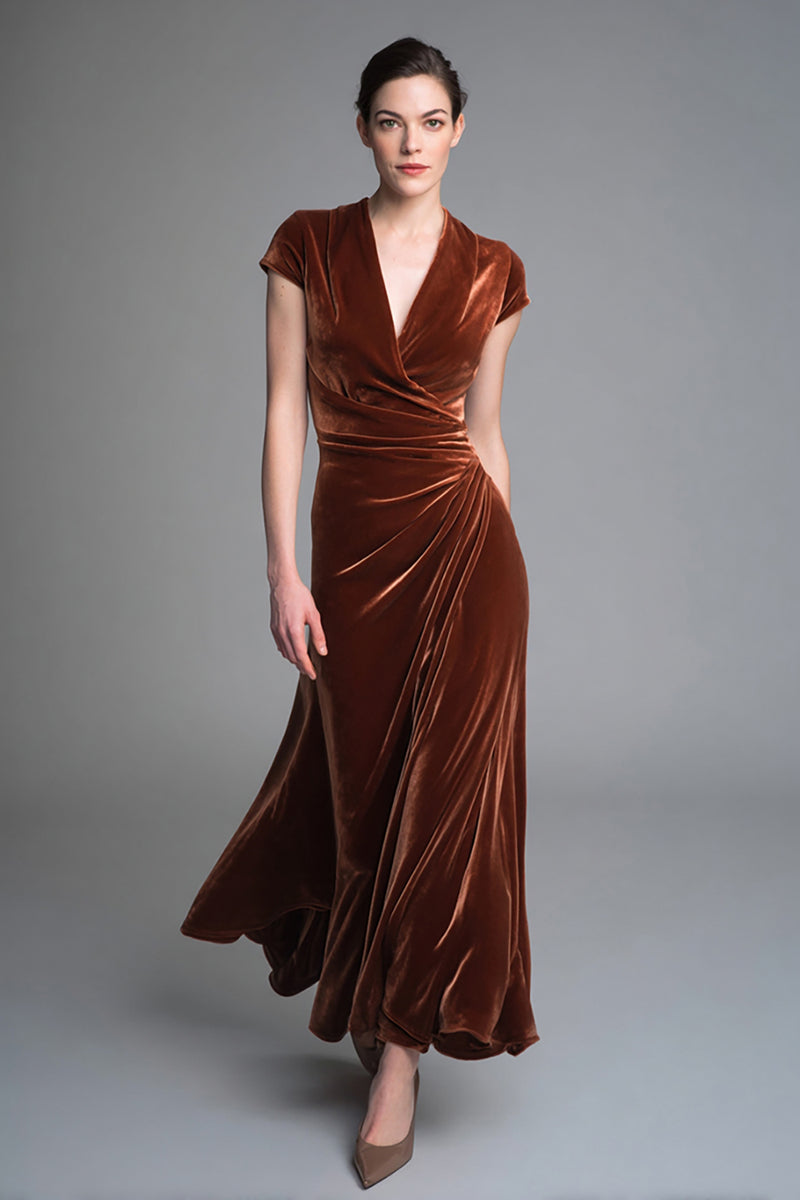 Load image into Gallery viewer, Caramel Velvet V Neck Ruched Long Holiday Party Dress with Sleeves