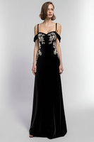 Load image into Gallery viewer, Black Velvet A Line Cold Shoulder Long Holiday Party Dress