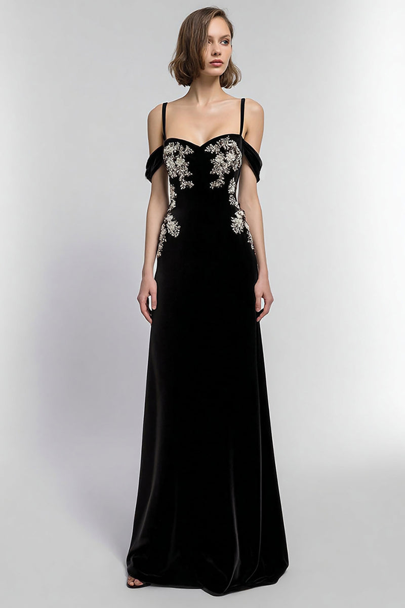 Load image into Gallery viewer, Black Velvet A Line Cold Shoulder Long Holiday Party Dress