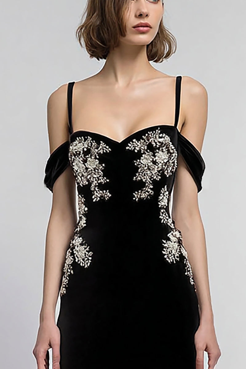 Load image into Gallery viewer, Black Velvet A Line Cold Shoulder Long Holiday Party Dress