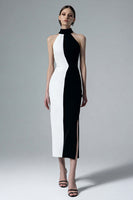 Load image into Gallery viewer, Black and White Sheath High Neck Long Formal Dress with Slit