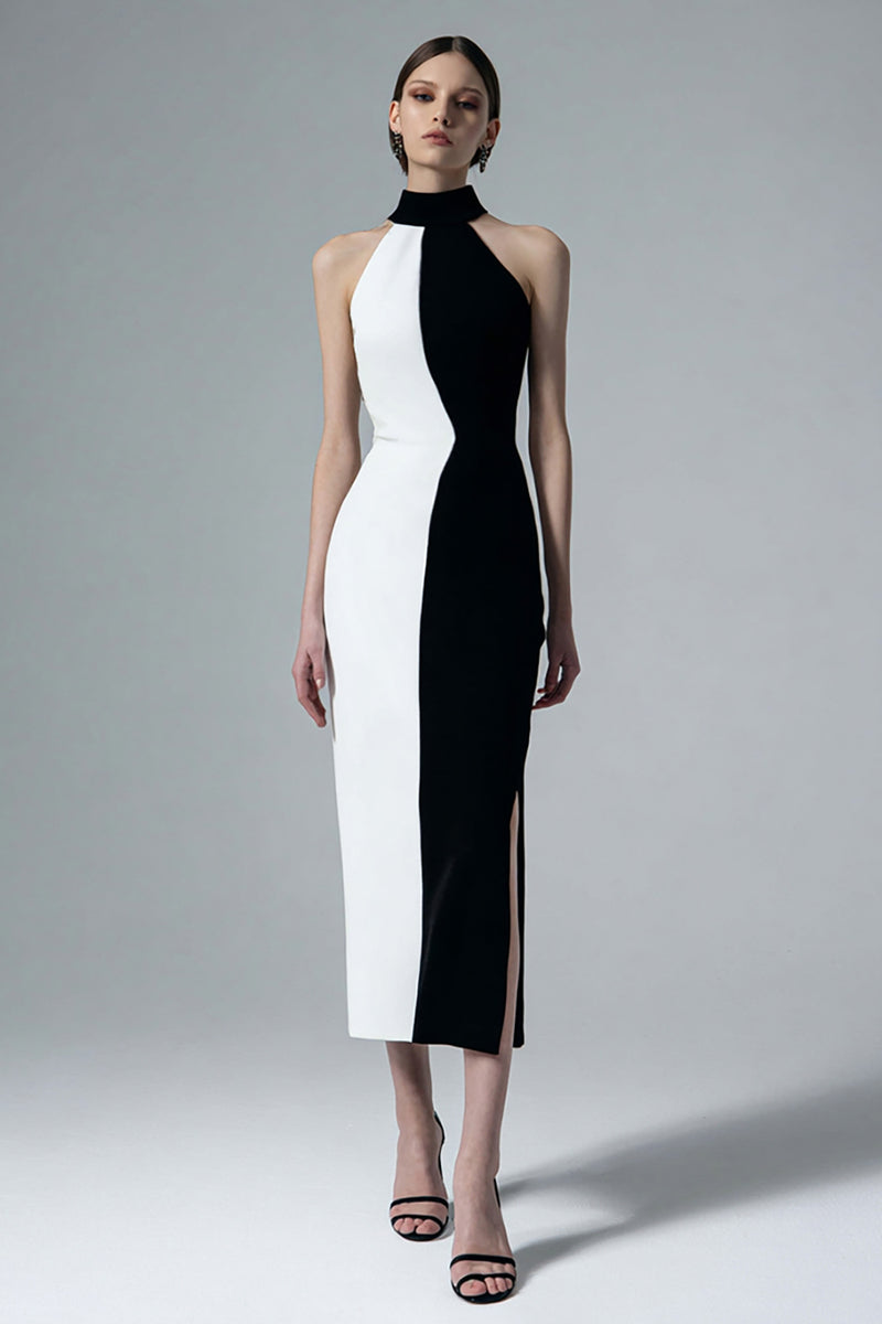 Load image into Gallery viewer, Black and White Sheath High Neck Long Formal Dress with Slit