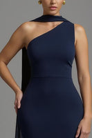 Load image into Gallery viewer, Navy Mermaid Satin Neck Scarf Long Formal Dress