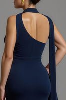 Load image into Gallery viewer, Navy Mermaid Satin Neck Scarf Long Formal Dress