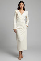 Load image into Gallery viewer, Ivory Ruched Pencil Long Sleeves Work Dress with Ruffles