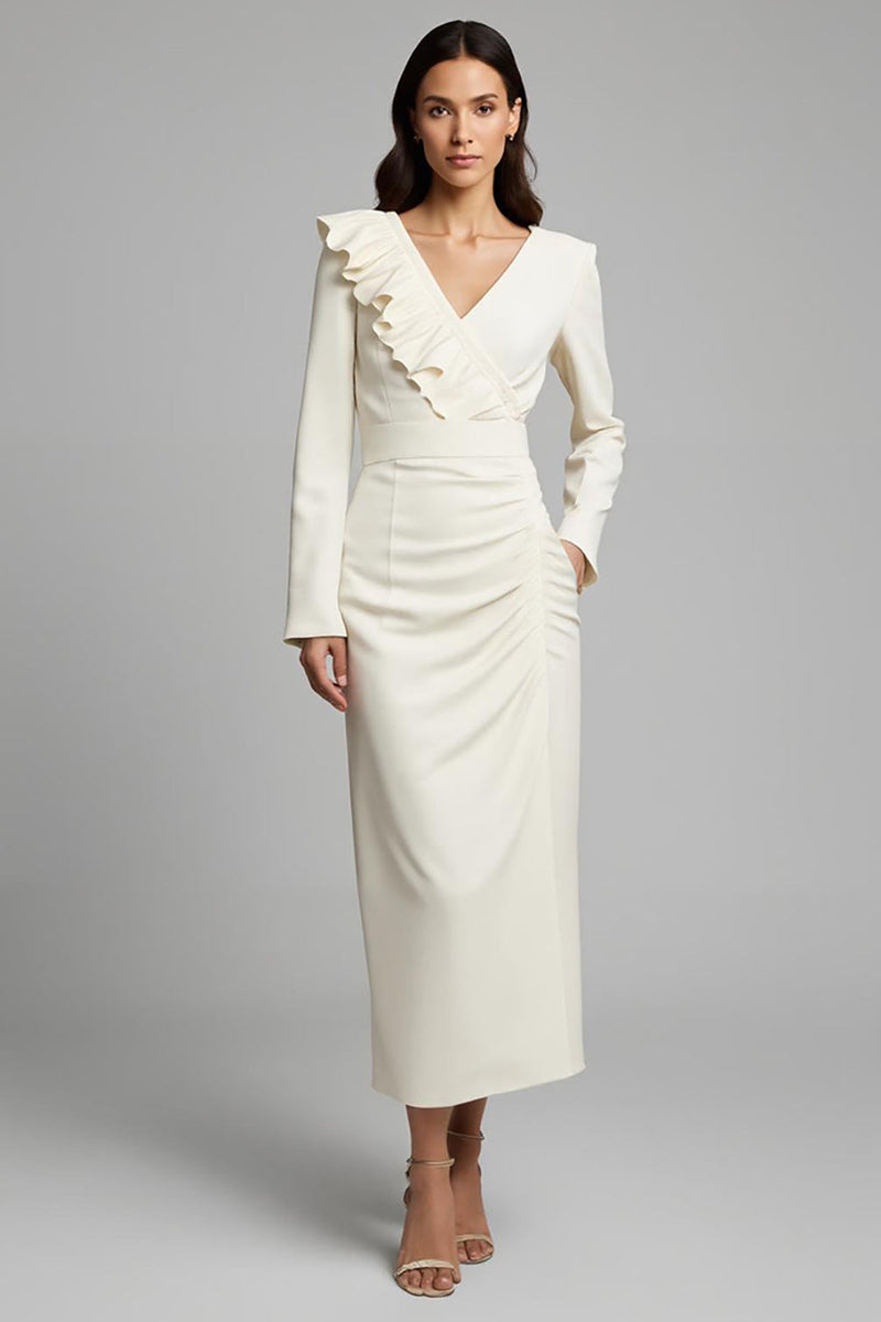Load image into Gallery viewer, Ivory Ruched Pencil Long Sleeves Work Dress with Ruffles