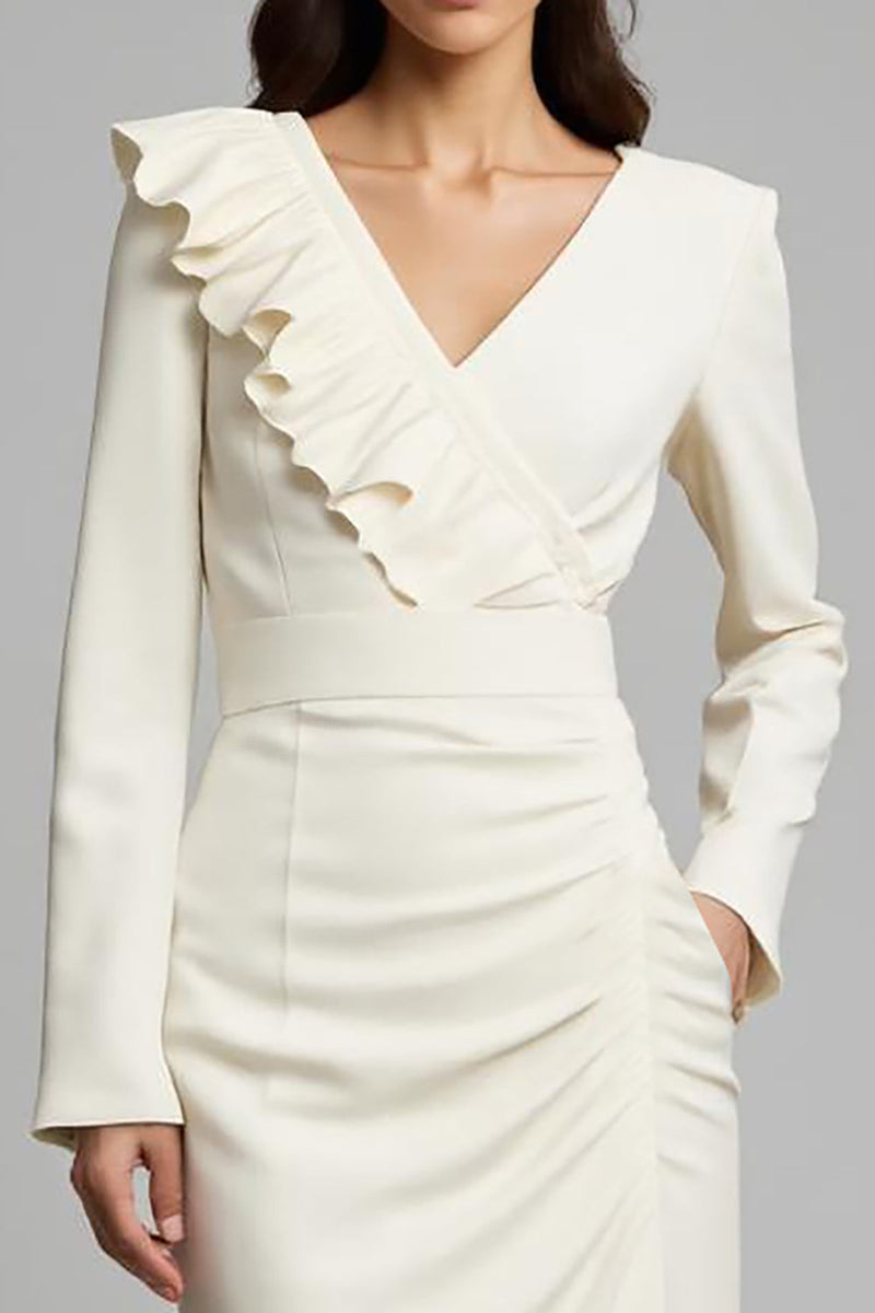 Load image into Gallery viewer, Ivory Ruched Pencil Long Sleeves Work Dress with Ruffles