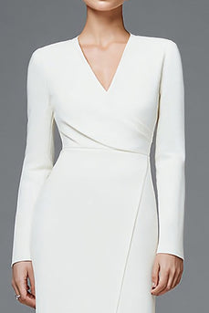 Simple Ivory Ruched V-Neck Pencil Long Sleeves Work Dress