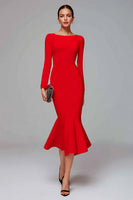 Load image into Gallery viewer, Red Mermaid Satin Long Sleeves Midi Work Dress