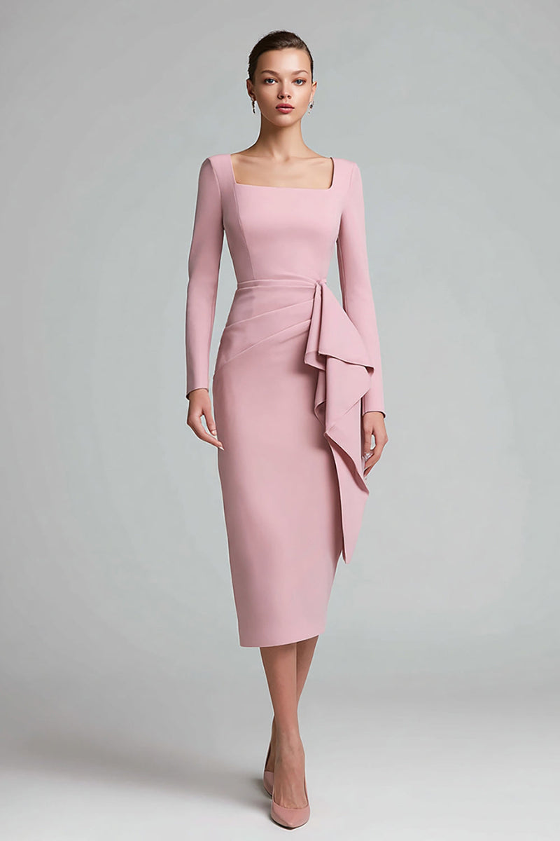 Load image into Gallery viewer, Pink Ruched Square Neck Pencil Midi Work Dress with Ruffles