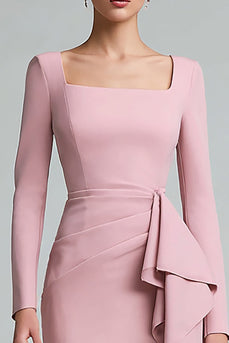 Pink Ruched Square Neck Pencil Midi Work Dress with Ruffles