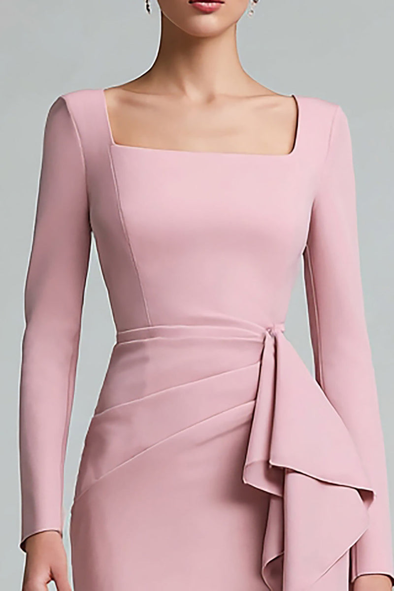 Load image into Gallery viewer, Pink Ruched Square Neck Pencil Midi Work Dress with Ruffles