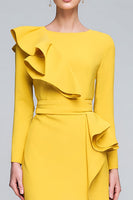 Load image into Gallery viewer, Yellow Pencil Ruffled Long Sleeves Midi Work Dress with Slit
