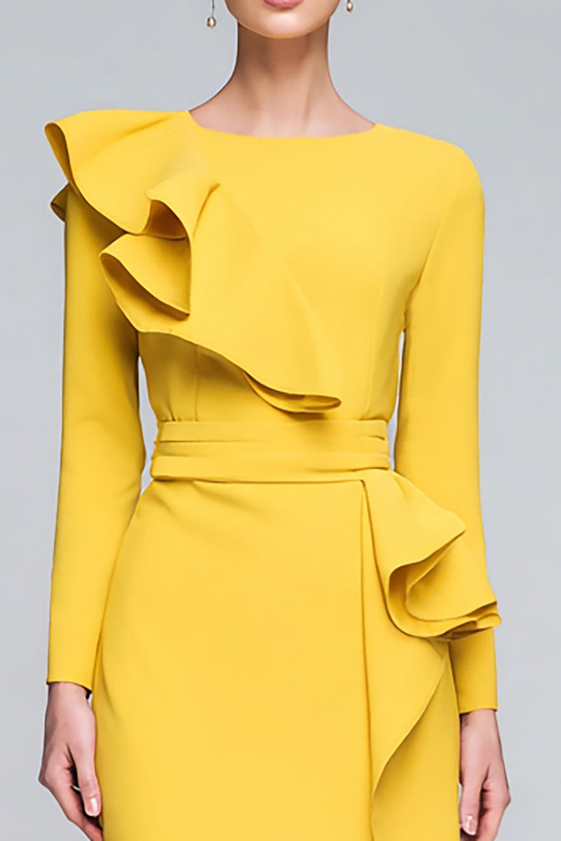 Load image into Gallery viewer, Yellow Pencil Ruffled Long Sleeves Midi Work Dress with Slit