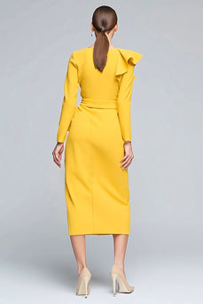 Yellow Pencil Ruffled Long Sleeves Midi Work Dress with Slit