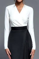 Load image into Gallery viewer, Black and White V-Neck Pleated Midi Work Dress with Slit