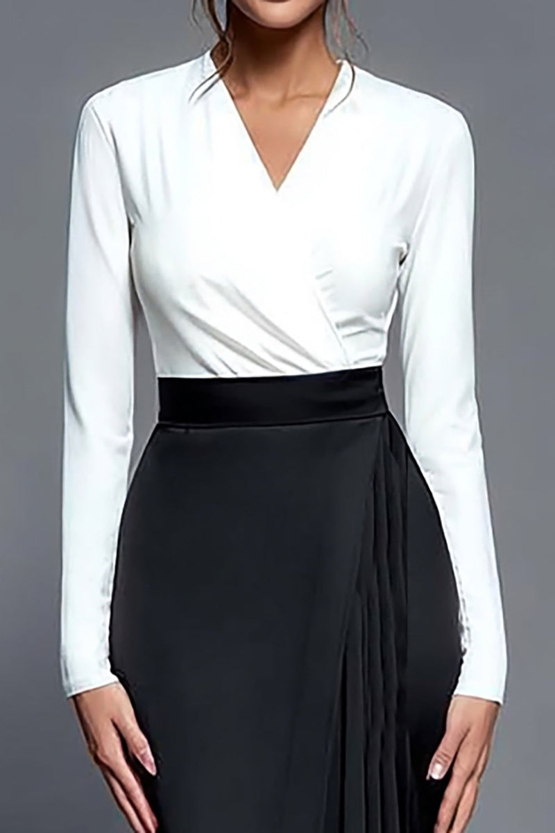 Load image into Gallery viewer, Black and White V-Neck Pleated Midi Work Dress with Slit