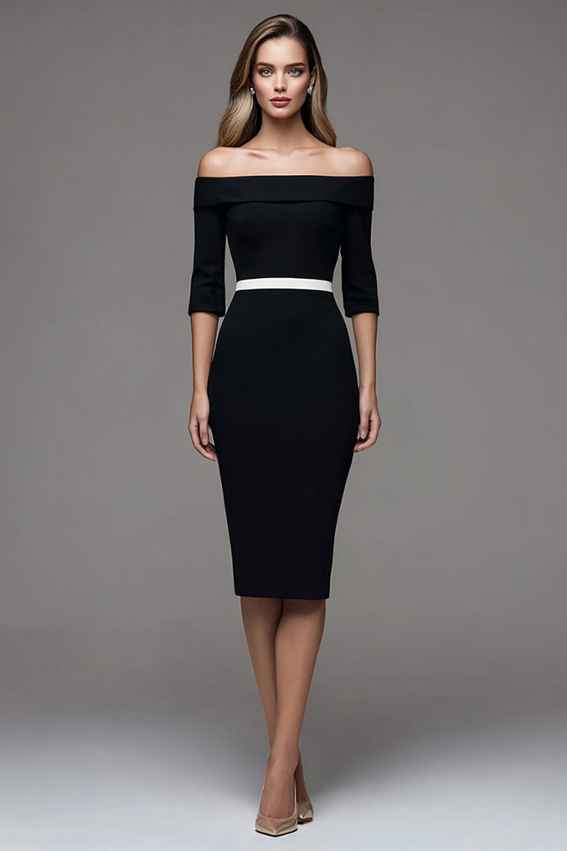Load image into Gallery viewer, Black Off the Shoulder Half Sleeves  Pencil Midi Work Dress