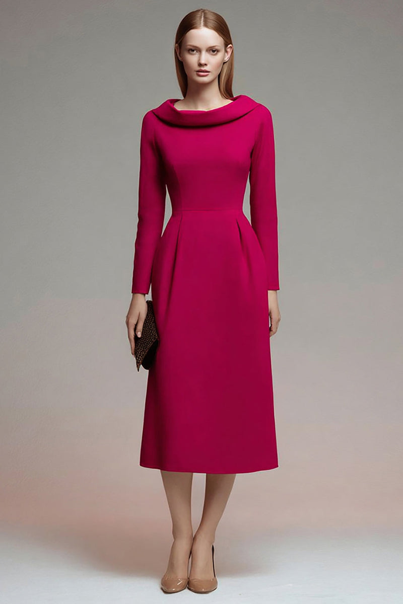Load image into Gallery viewer, Fuchsia A Line Roll Collar Neck Long Sleeves Midi Work Dress