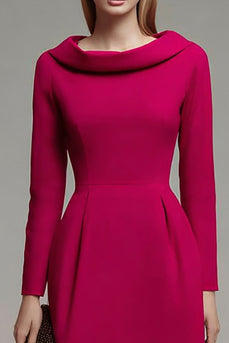 Fuchsia A Line Roll Collar Neck Long Sleeves Midi Work Dress