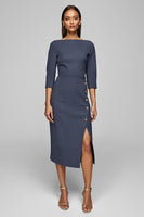 Load image into Gallery viewer, Twilight Bateau Neck Button Pencil Midi Work Dress with Slit